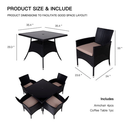 Set da pranzo da esterno in vimini da 5 pezzi con cuscini e tavolo