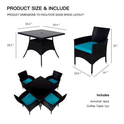 Set da pranzo da esterno in vimini da 5 pezzi con cuscini e tavolo