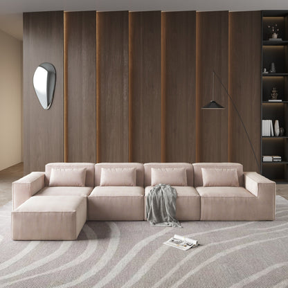 Divano componibile modulare a L a 5 posti in velluto a coste con cuscini multipli