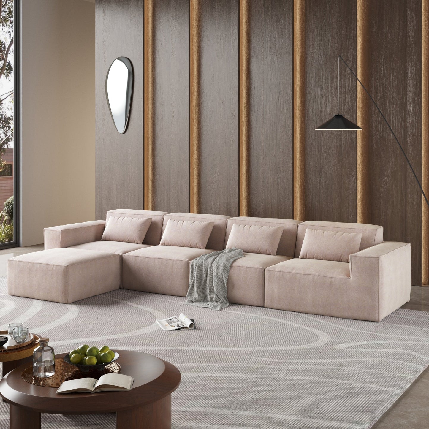 Divano componibile modulare a L a 5 posti in velluto a coste con cuscini multipli