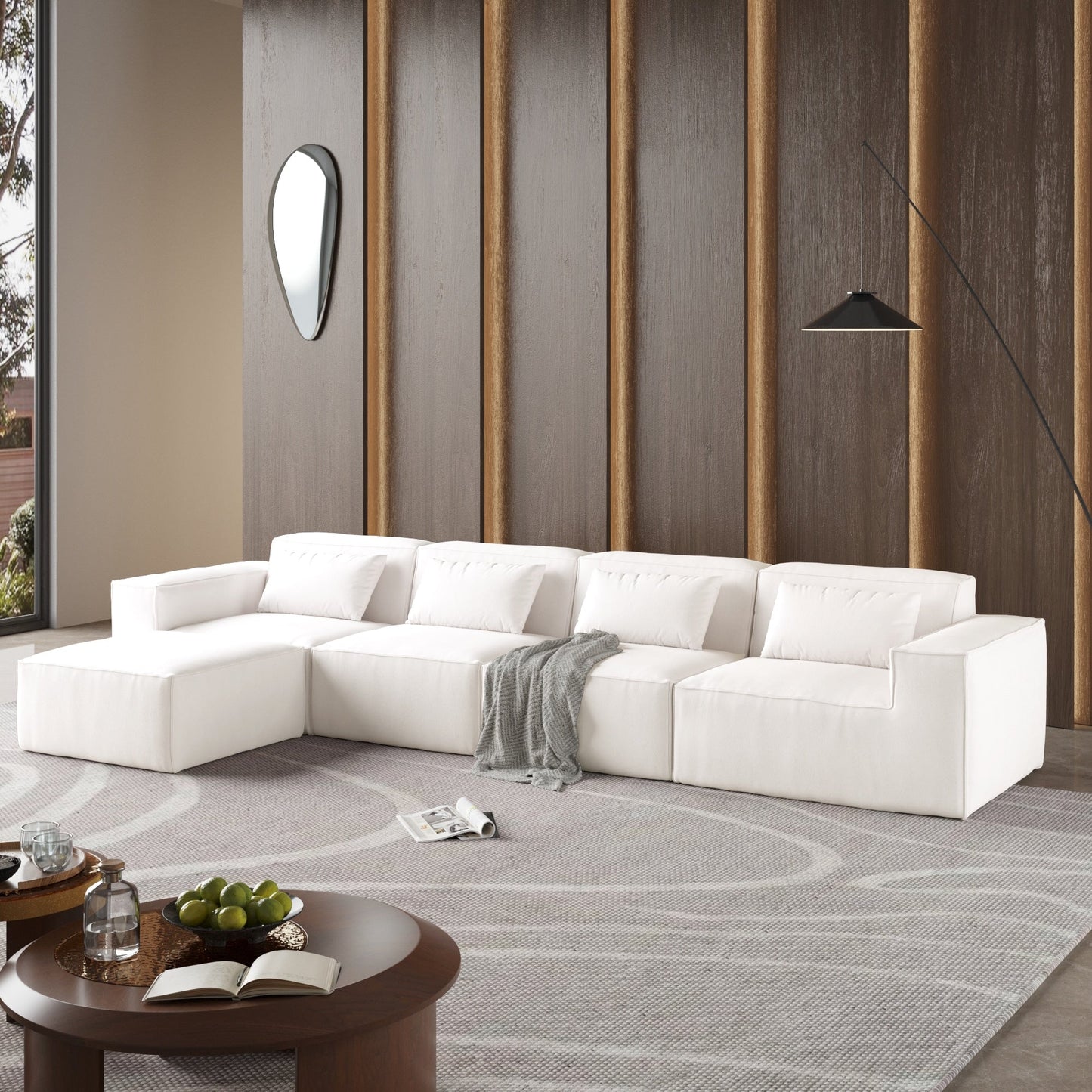 Divano componibile modulare a L a 5 posti in velluto a coste con cuscini multipli