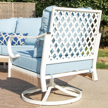 MAISON ARTS Set di mobili da giardino a 5 posti, 2 sedie imbottite in metallo, 1 divano a 3 posti con tavolino da caffè marmorizzato