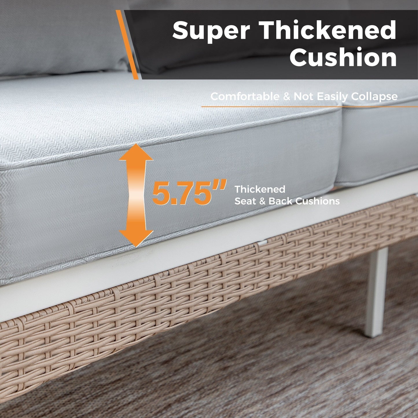 MAISON ARTS Set di mobili da giardino a 5 posti, 2 sedie imbottite in metallo, 1 divano a 3 posti con tavolino da caffè marmorizzato