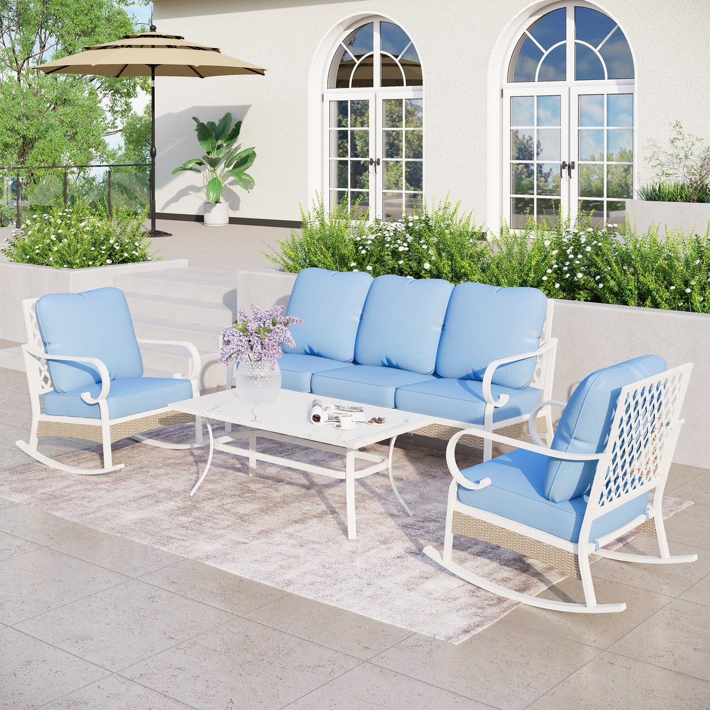 MAISON ARTS Set di mobili da giardino a 5 posti, 2 sedie imbottite in metallo, 1 divano a 3 posti con tavolino da caffè marmorizzato