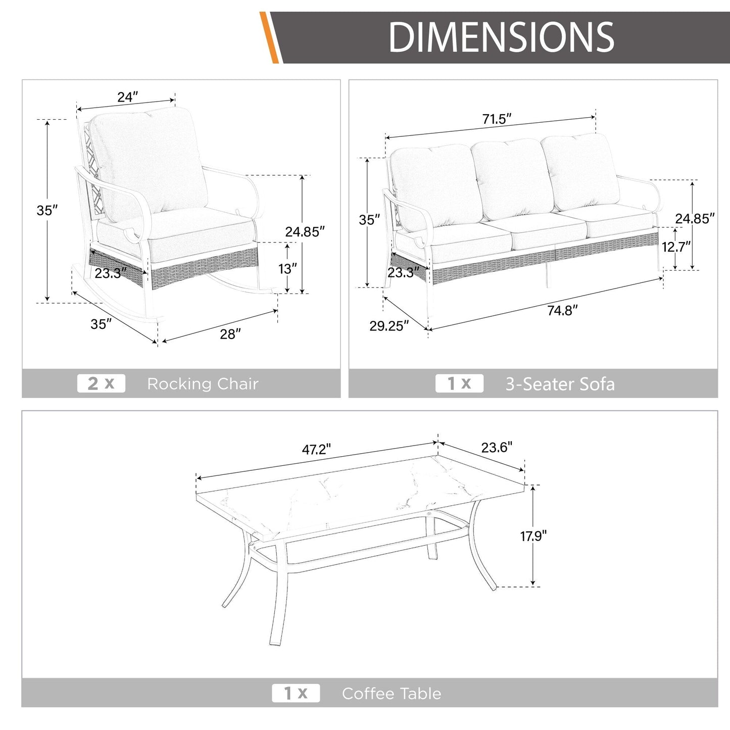 MAISON ARTS Set di mobili da giardino a 5 posti, 2 sedie imbottite in metallo, 1 divano a 3 posti con tavolino da caffè marmorizzato