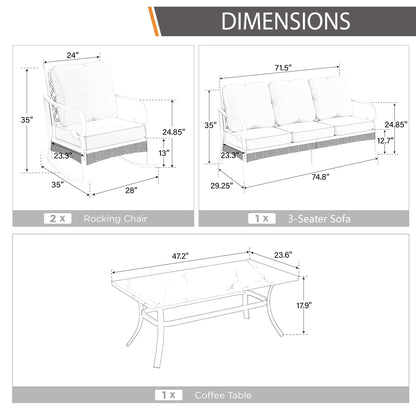 MAISON ARTS Set di mobili da giardino a 5 posti, 2 sedie imbottite in metallo, 1 divano a 3 posti con tavolino da caffè marmorizzato