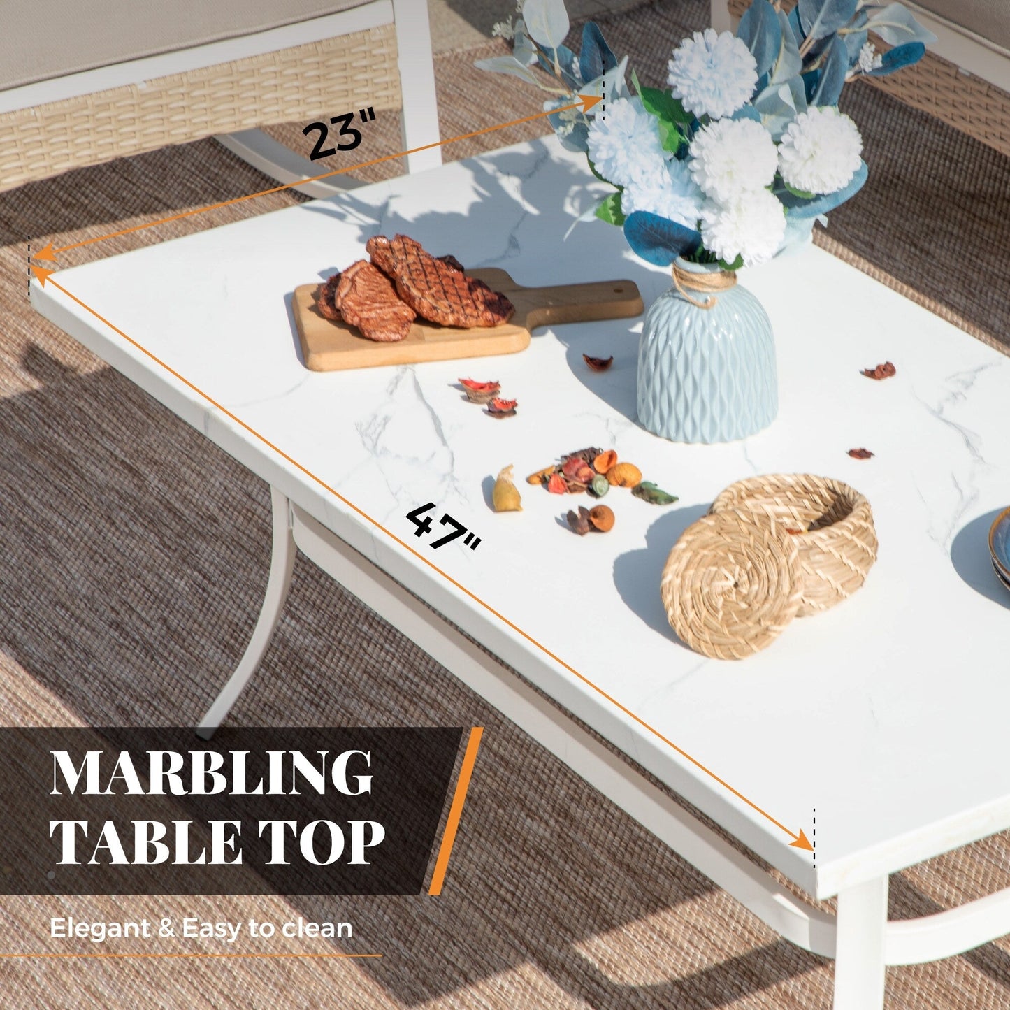 MAISON ARTS Set di mobili da giardino a 5 posti, 2 sedie imbottite in metallo, 1 divano a 3 posti con tavolino da caffè marmorizzato