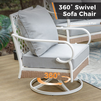 MAISON ARTS Set di mobili da giardino a 5 posti, 2 sedie imbottite in metallo, 1 divano a 3 posti con tavolino da caffè marmorizzato