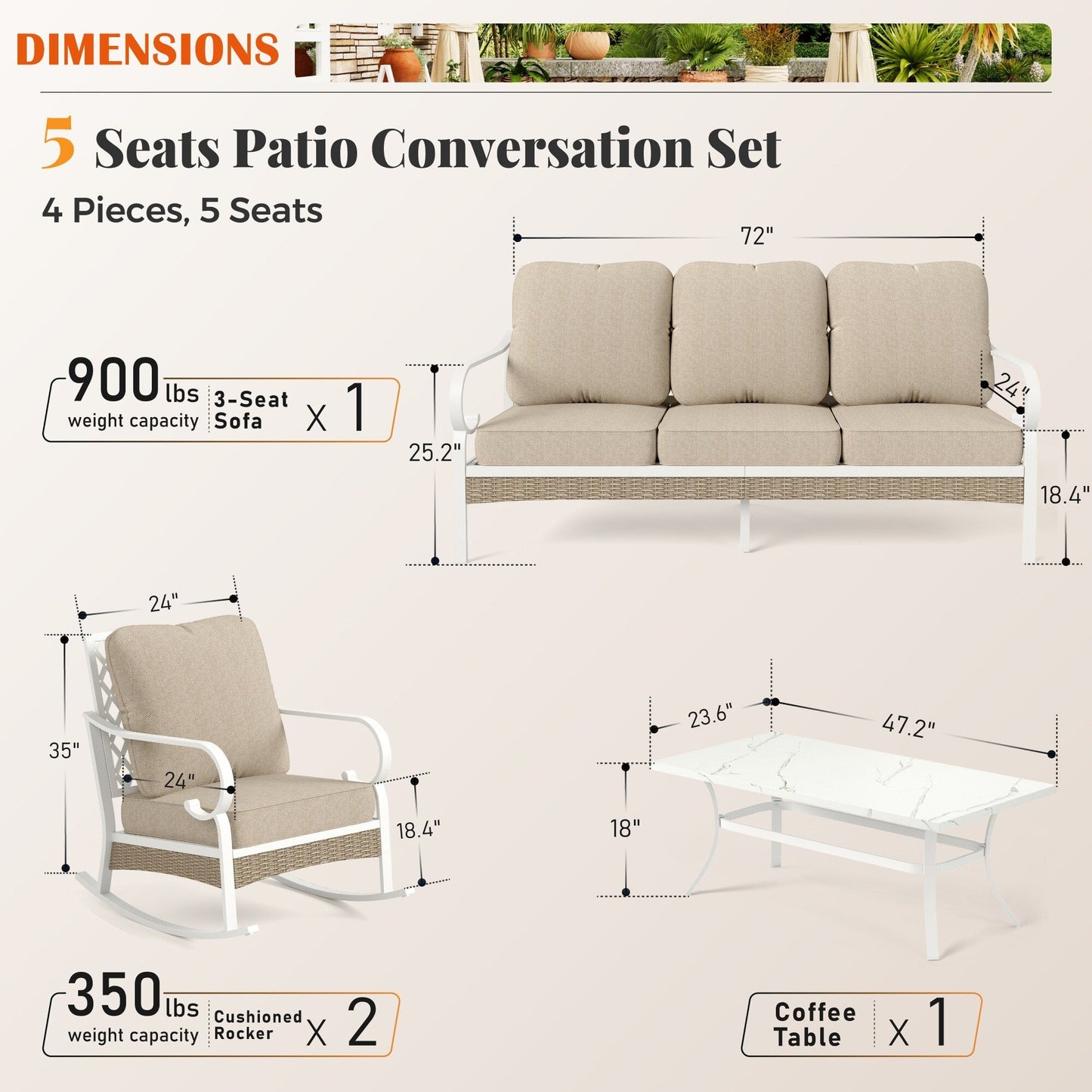 MAISON ARTS Set di mobili da giardino a 5 posti, 2 sedie imbottite in metallo, 1 divano a 3 posti con tavolino da caffè marmorizzato