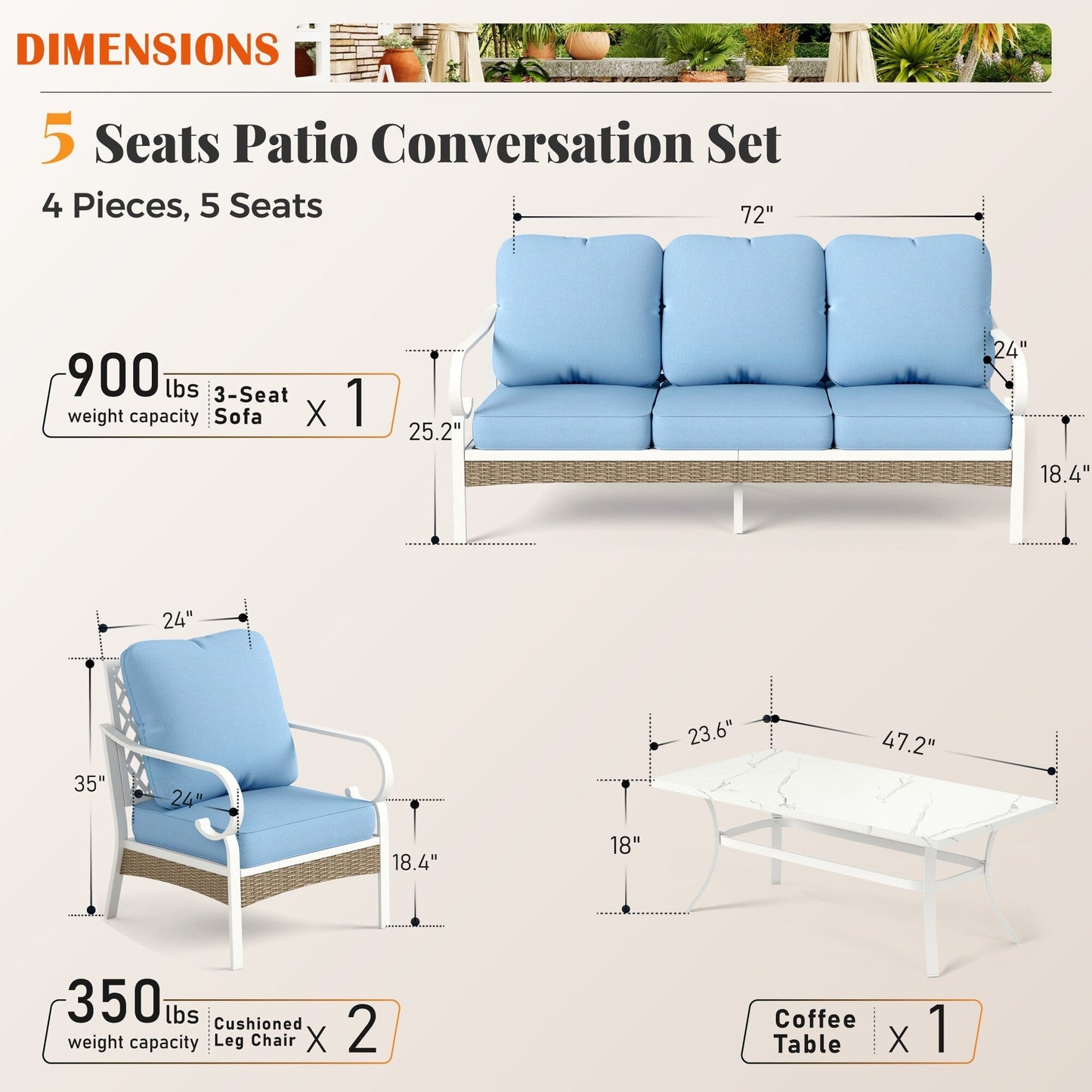 MAISON ARTS Set di mobili da giardino a 5 posti, 2 sedie imbottite in metallo, 1 divano a 3 posti con tavolino da caffè marmorizzato