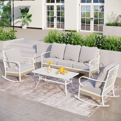 MAISON ARTS Set di mobili da giardino a 5 posti, 2 sedie imbottite in metallo, 1 divano a 3 posti con tavolino da caffè marmorizzato