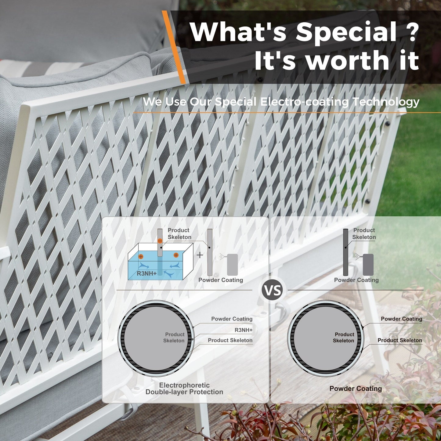 MAISON ARTS Set di mobili da giardino a 5 posti, 2 sedie imbottite in metallo, 1 divano a 3 posti con tavolino da caffè marmorizzato