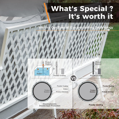 MAISON ARTS Set di mobili da giardino a 5 posti, 2 sedie imbottite in metallo, 1 divano a 3 posti con tavolino da caffè marmorizzato