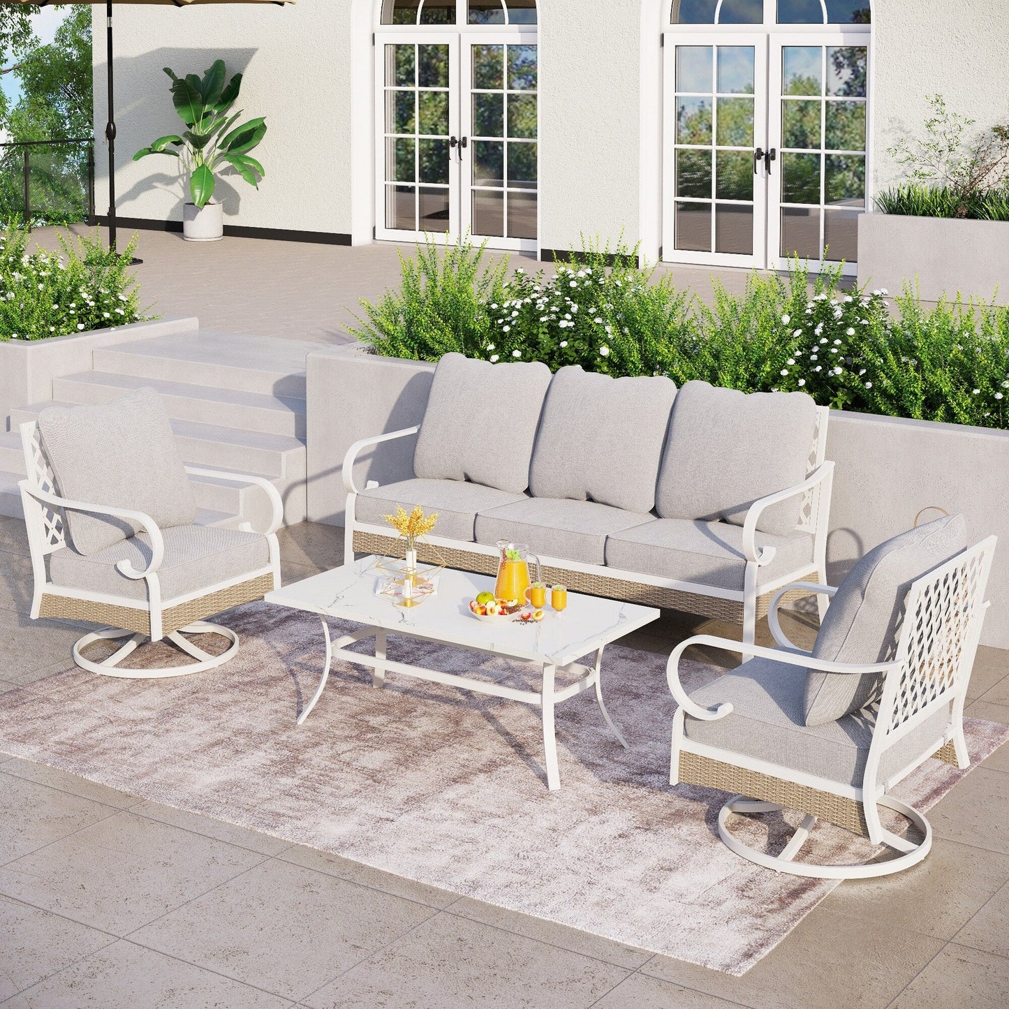 MAISON ARTS Set di mobili da giardino a 5 posti, 2 sedie imbottite in metallo, 1 divano a 3 posti con tavolino da caffè marmorizzato