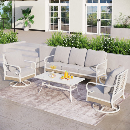 MAISON ARTS Set di mobili da giardino a 5 posti, 2 sedie imbottite in metallo, 1 divano a 3 posti con tavolino da caffè marmorizzato