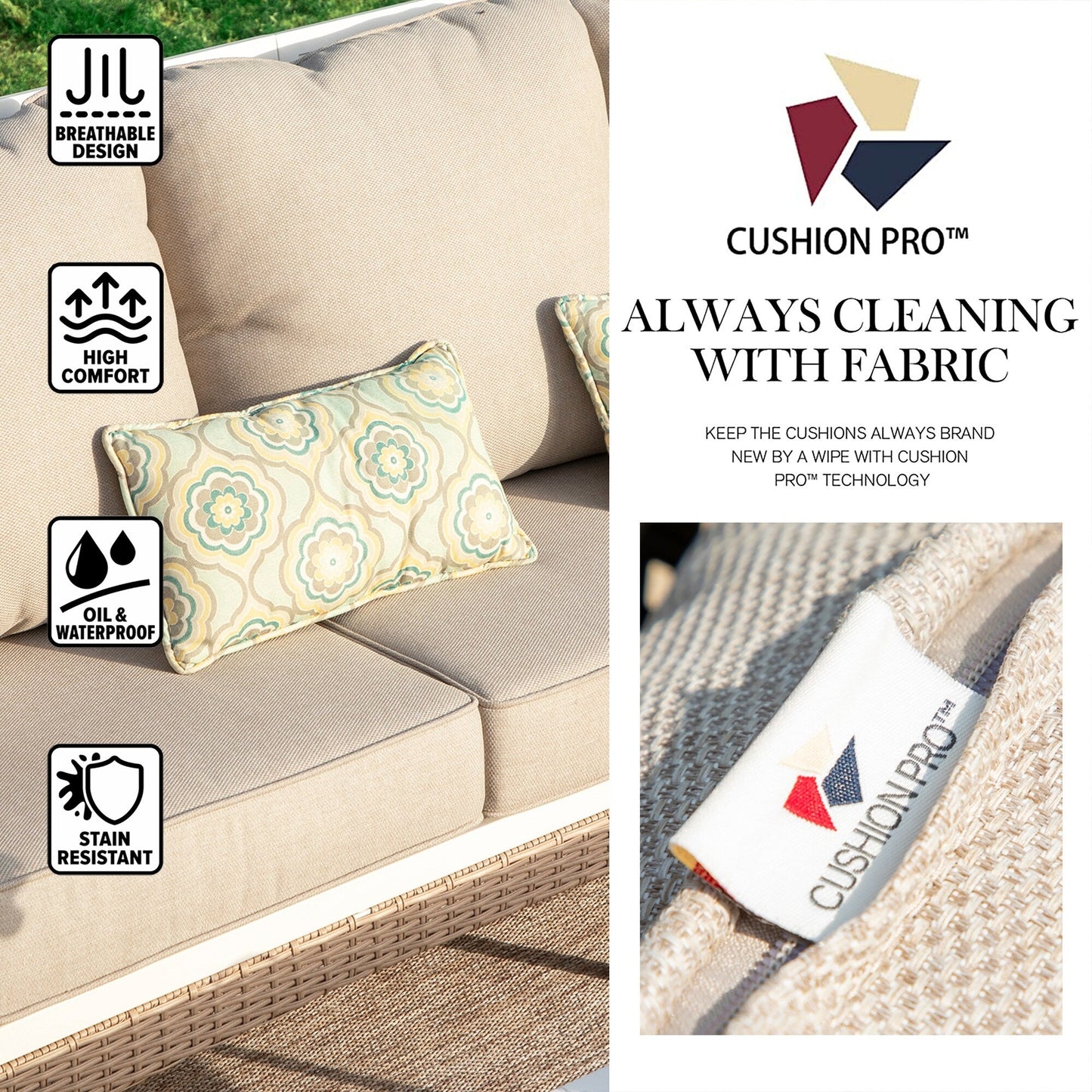 MAISON ARTS Set di mobili da giardino a 5 posti, 2 sedie imbottite in metallo, 1 divano a 3 posti con tavolino da caffè marmorizzato