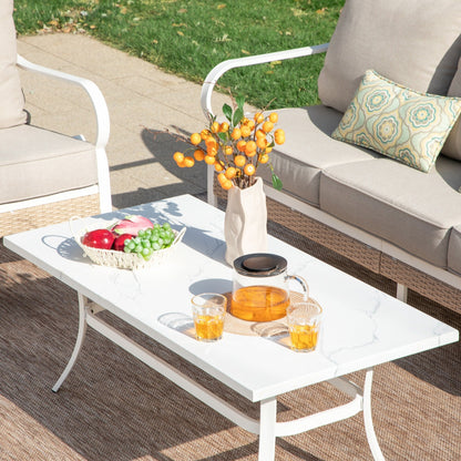 MAISON ARTS Set di mobili da giardino a 5 posti, 2 sedie imbottite in metallo, 1 divano a 3 posti con tavolino da caffè marmorizzato