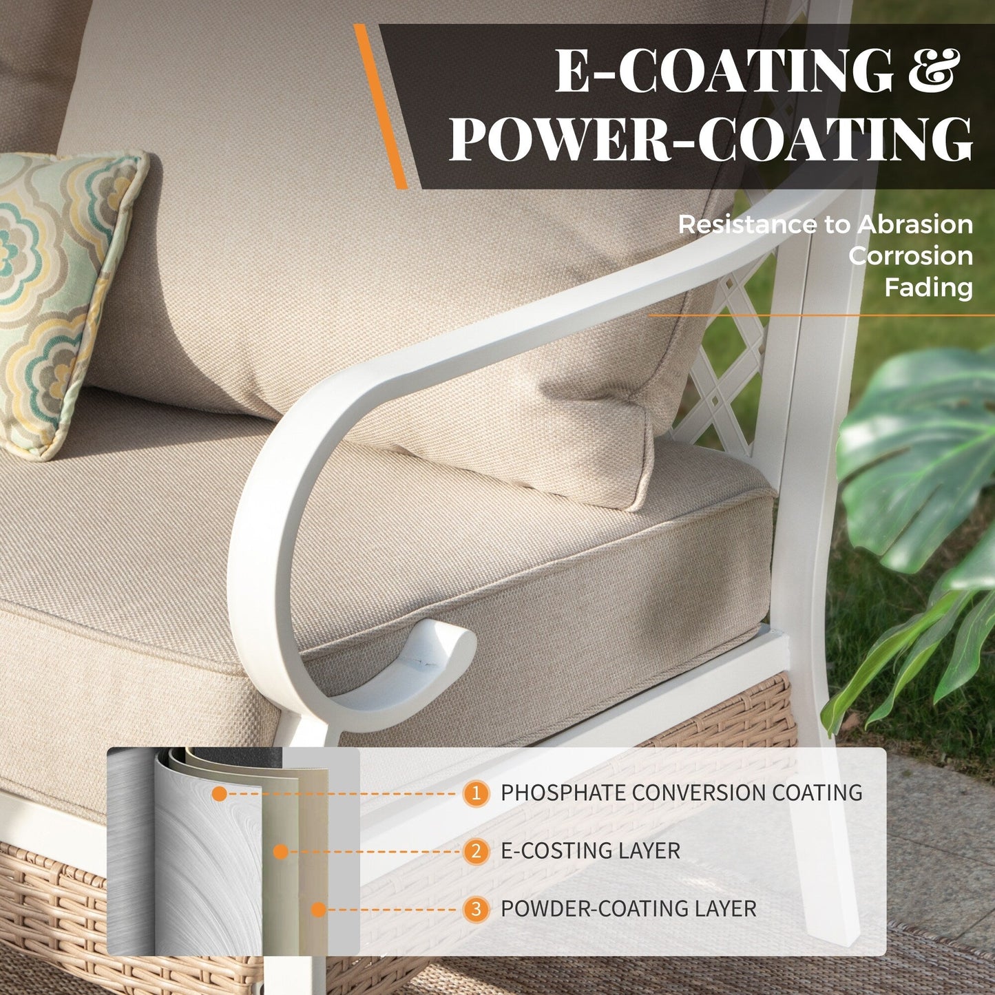 MAISON ARTS Set di mobili da giardino a 5 posti, 2 sedie imbottite in metallo, 1 divano a 3 posti con tavolino da caffè marmorizzato