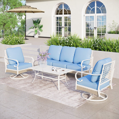 MAISON ARTS Set di mobili da giardino a 5 posti, 2 sedie imbottite in metallo, 1 divano a 3 posti con tavolino da caffè marmorizzato