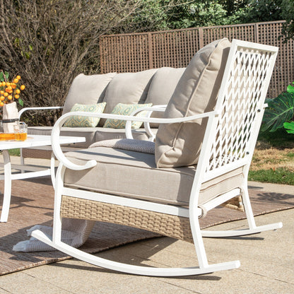 MAISON ARTS Set di mobili da giardino a 5 posti, 2 sedie imbottite in metallo, 1 divano a 3 posti con tavolino da caffè marmorizzato