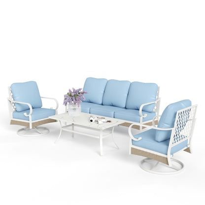 MAISON ARTS Set di mobili da giardino a 5 posti, 2 sedie imbottite in metallo, 1 divano a 3 posti con tavolino da caffè marmorizzato