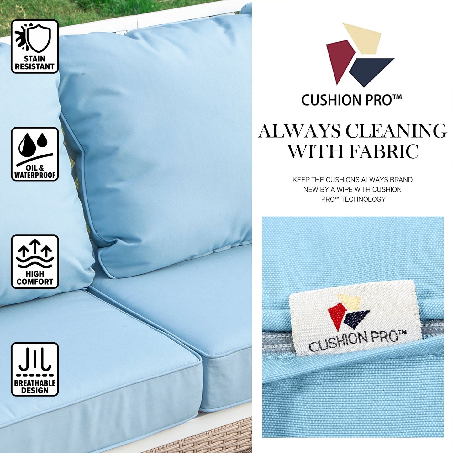 MAISON ARTS Set di mobili da giardino a 5 posti, 2 sedie imbottite in metallo, 1 divano a 3 posti con tavolino da caffè marmorizzato