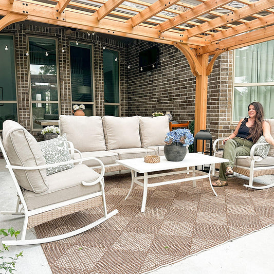 MAISON ARTS Set di mobili da giardino a 5 posti, 2 sedie imbottite in metallo, 1 divano a 3 posti con tavolino da caffè marmorizzato