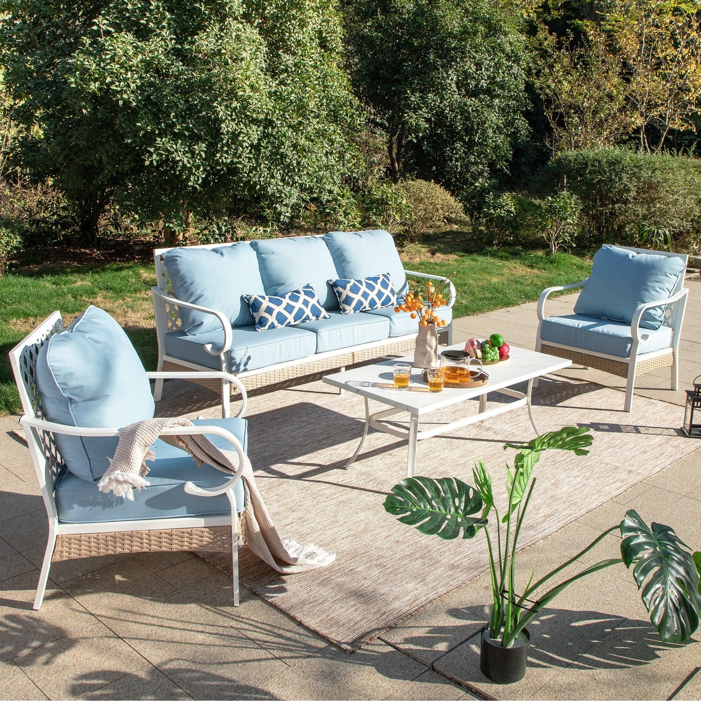 MAISON ARTS Set di mobili da giardino a 5 posti, 2 sedie imbottite in metallo, 1 divano a 3 posti con tavolino da caffè marmorizzato