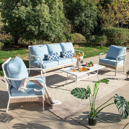 MAISON ARTS Set di mobili da giardino a 5 posti, 2 sedie imbottite in metallo, 1 divano a 3 posti con tavolino da caffè marmorizzato