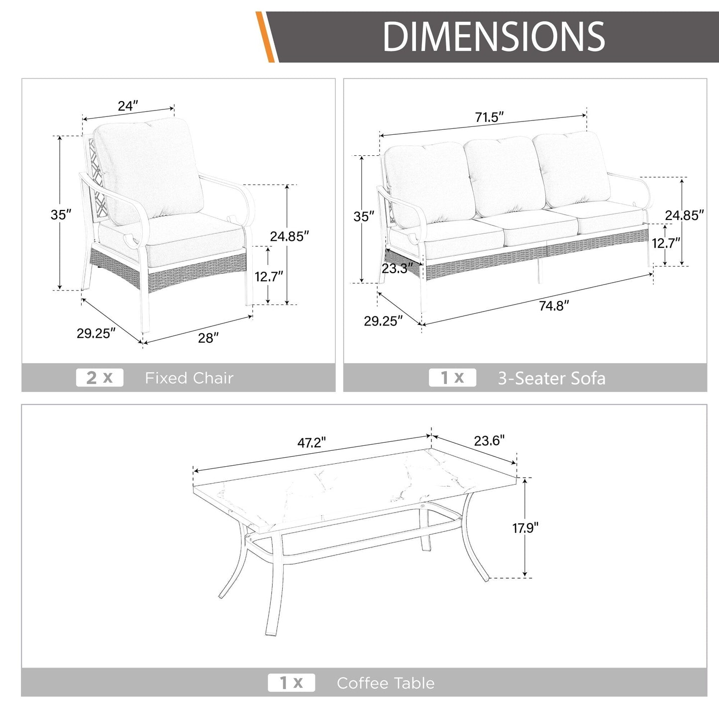 MAISON ARTS Set di mobili da giardino a 5 posti, 2 sedie imbottite in metallo, 1 divano a 3 posti con tavolino da caffè marmorizzato