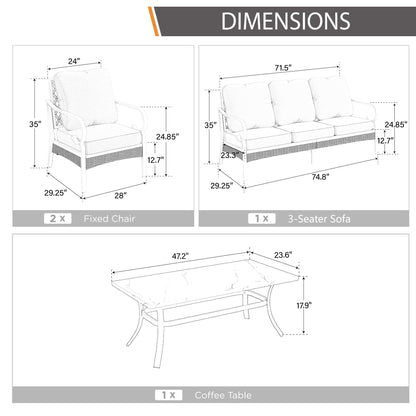 MAISON ARTS Set di mobili da giardino a 5 posti, 2 sedie imbottite in metallo, 1 divano a 3 posti con tavolino da caffè marmorizzato