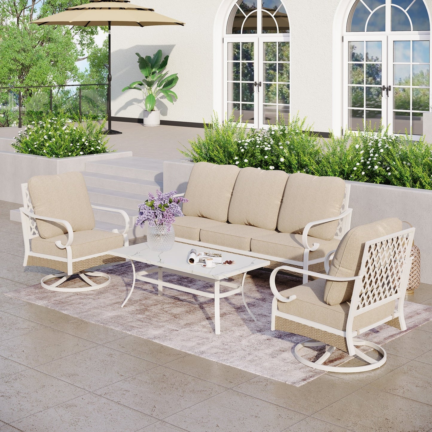 MAISON ARTS Set di mobili da giardino a 5 posti, 2 sedie imbottite in metallo, 1 divano a 3 posti con tavolino da caffè marmorizzato