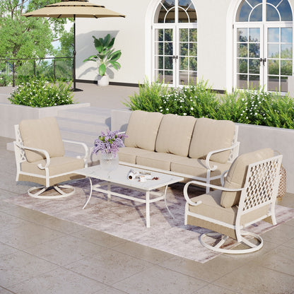 MAISON ARTS Set di mobili da giardino a 5 posti, 2 sedie imbottite in metallo, 1 divano a 3 posti con tavolino da caffè marmorizzato