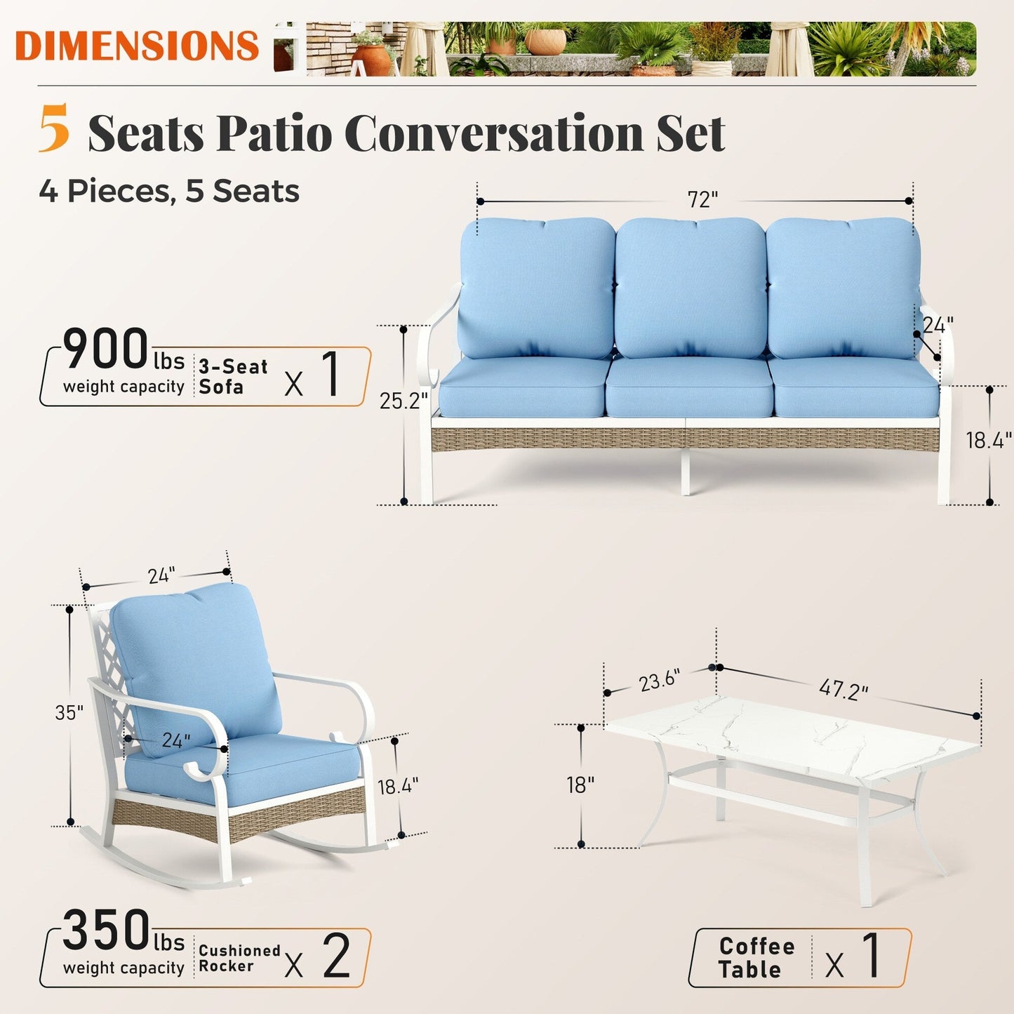 MAISON ARTS Set di mobili da giardino a 5 posti, 2 sedie imbottite in metallo, 1 divano a 3 posti con tavolino da caffè marmorizzato