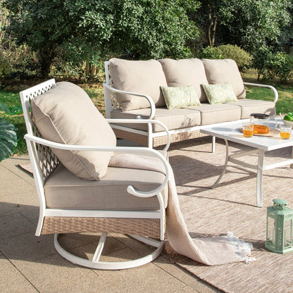 MAISON ARTS Set di mobili da giardino a 5 posti, 2 sedie imbottite in metallo, 1 divano a 3 posti con tavolino da caffè marmorizzato