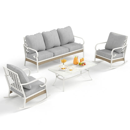 MAISON ARTS Set di mobili da giardino a 5 posti, 2 sedie imbottite in metallo, 1 divano a 3 posti con tavolino da caffè marmorizzato