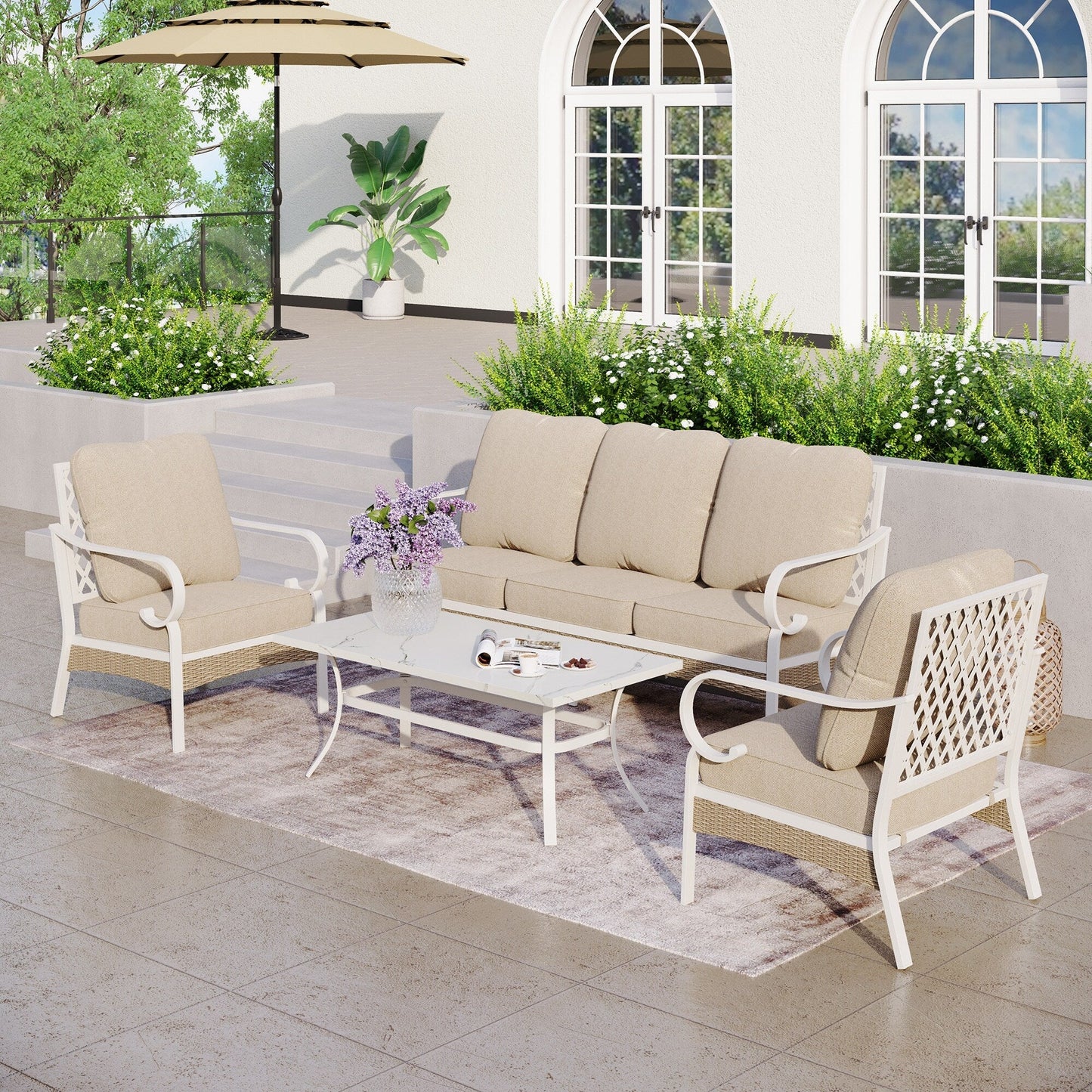 MAISON ARTS Set di mobili da giardino a 5 posti, 2 sedie imbottite in metallo, 1 divano a 3 posti con tavolino da caffè marmorizzato