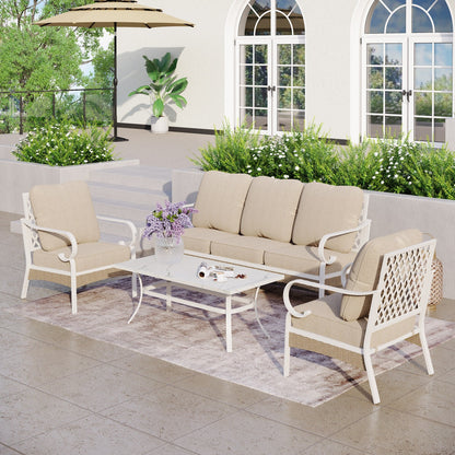 MAISON ARTS Set di mobili da giardino a 5 posti, 2 sedie imbottite in metallo, 1 divano a 3 posti con tavolino da caffè marmorizzato