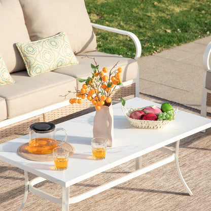 MAISON ARTS Set di mobili da giardino a 5 posti, 2 sedie imbottite in metallo, 1 divano a 3 posti con tavolino da caffè marmorizzato