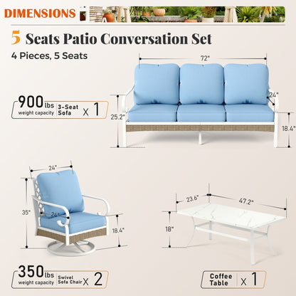 MAISON ARTS Set di mobili da giardino a 5 posti, 2 sedie imbottite in metallo, 1 divano a 3 posti con tavolino da caffè marmorizzato