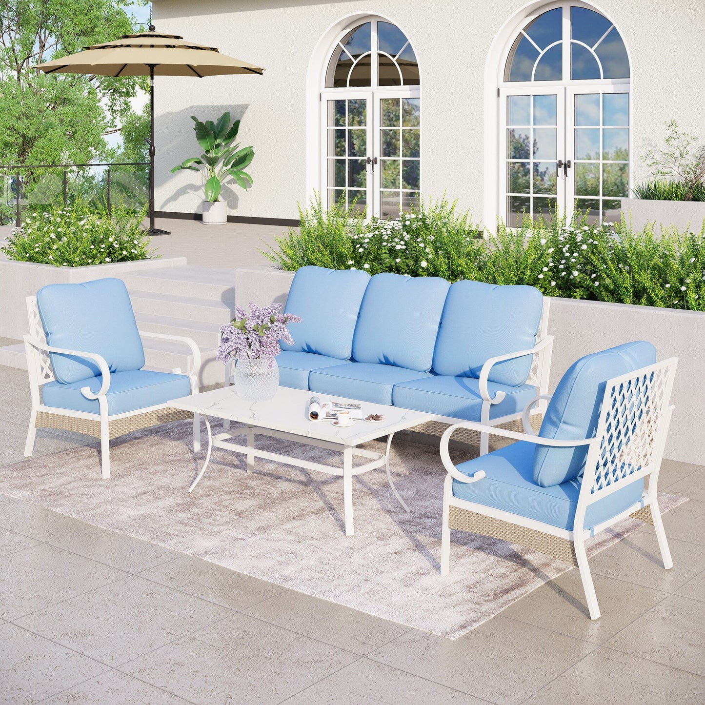 MAISON ARTS Set di mobili da giardino a 5 posti, 2 sedie imbottite in metallo, 1 divano a 3 posti con tavolino da caffè marmorizzato