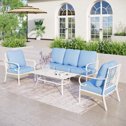 MAISON ARTS Set di mobili da giardino a 5 posti, 2 sedie imbottite in metallo, 1 divano a 3 posti con tavolino da caffè marmorizzato