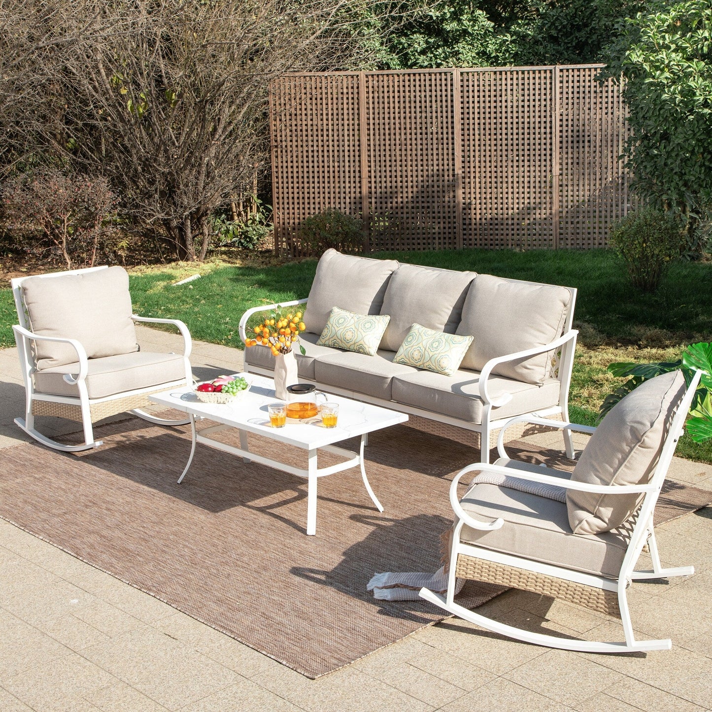 MAISON ARTS Set di mobili da giardino a 5 posti, 2 sedie imbottite in metallo, 1 divano a 3 posti con tavolino da caffè marmorizzato