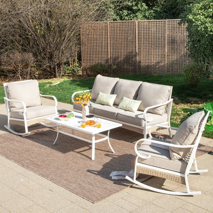 MAISON ARTS Set di mobili da giardino a 5 posti, 2 sedie imbottite in metallo, 1 divano a 3 posti con tavolino da caffè marmorizzato