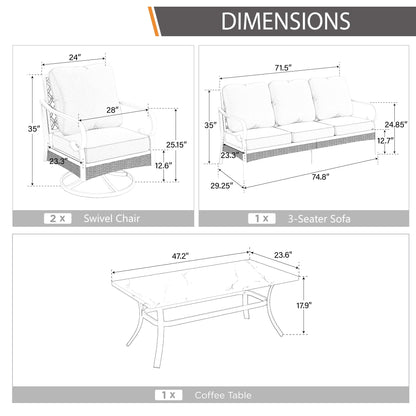 MAISON ARTS Set di mobili da giardino a 5 posti, 2 sedie imbottite in metallo, 1 divano a 3 posti con tavolino da caffè marmorizzato