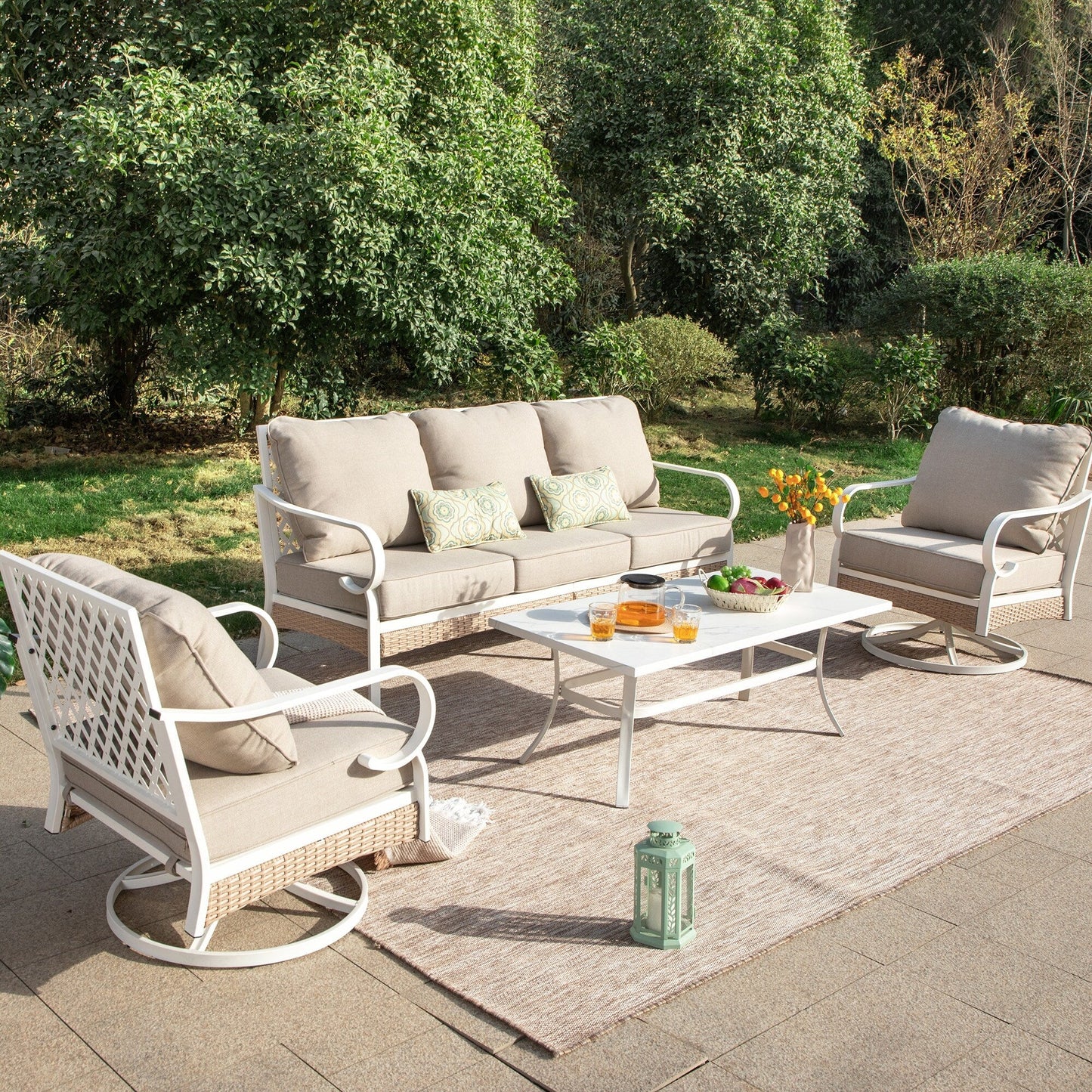 MAISON ARTS Set di mobili da giardino a 5 posti, 2 sedie imbottite in metallo, 1 divano a 3 posti con tavolino da caffè marmorizzato