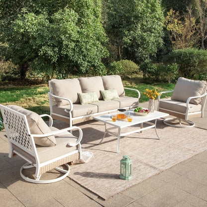 MAISON ARTS Set di mobili da giardino a 5 posti, 2 sedie imbottite in metallo, 1 divano a 3 posti con tavolino da caffè marmorizzato