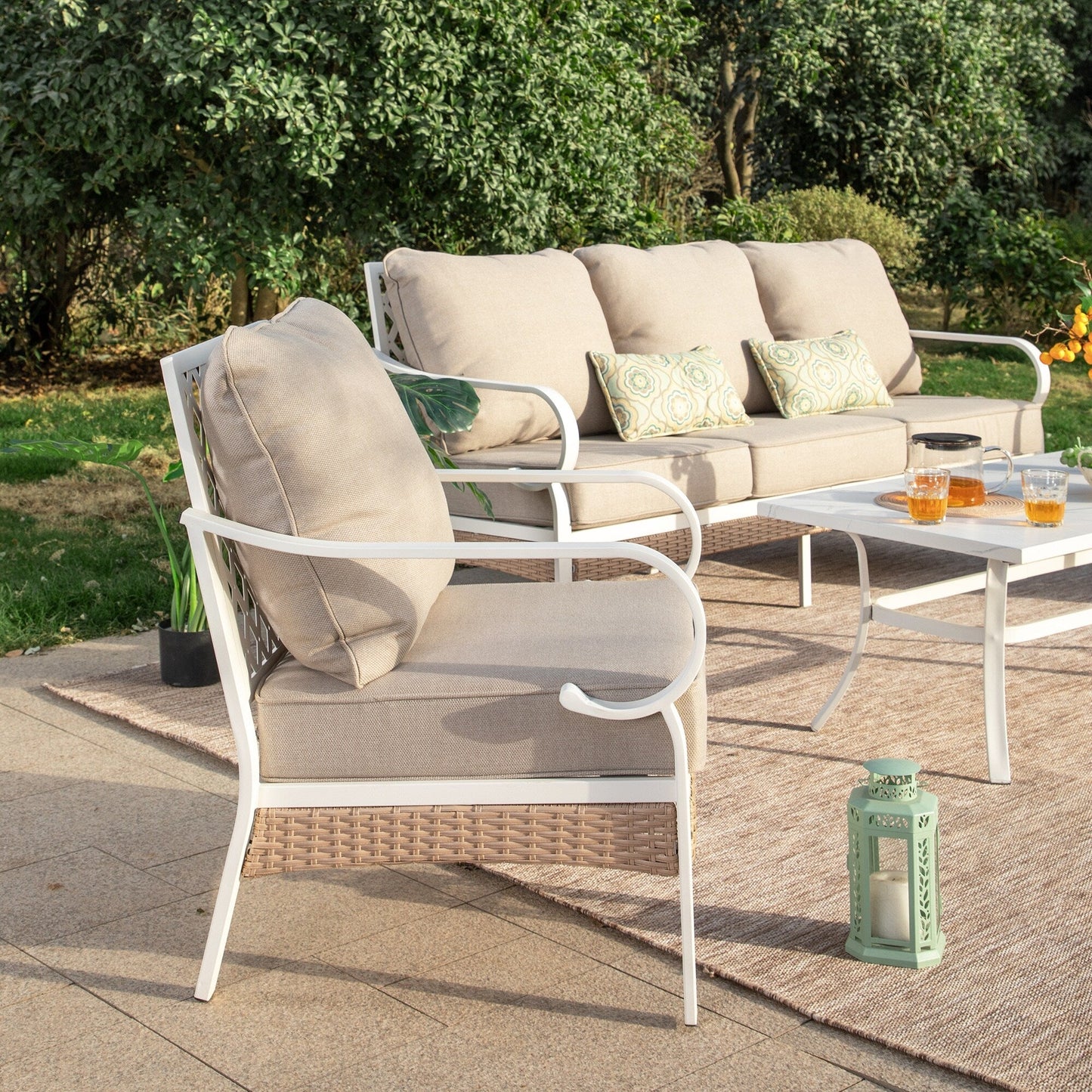 MAISON ARTS Set di mobili da giardino a 5 posti, 2 sedie imbottite in metallo, 1 divano a 3 posti con tavolino da caffè marmorizzato