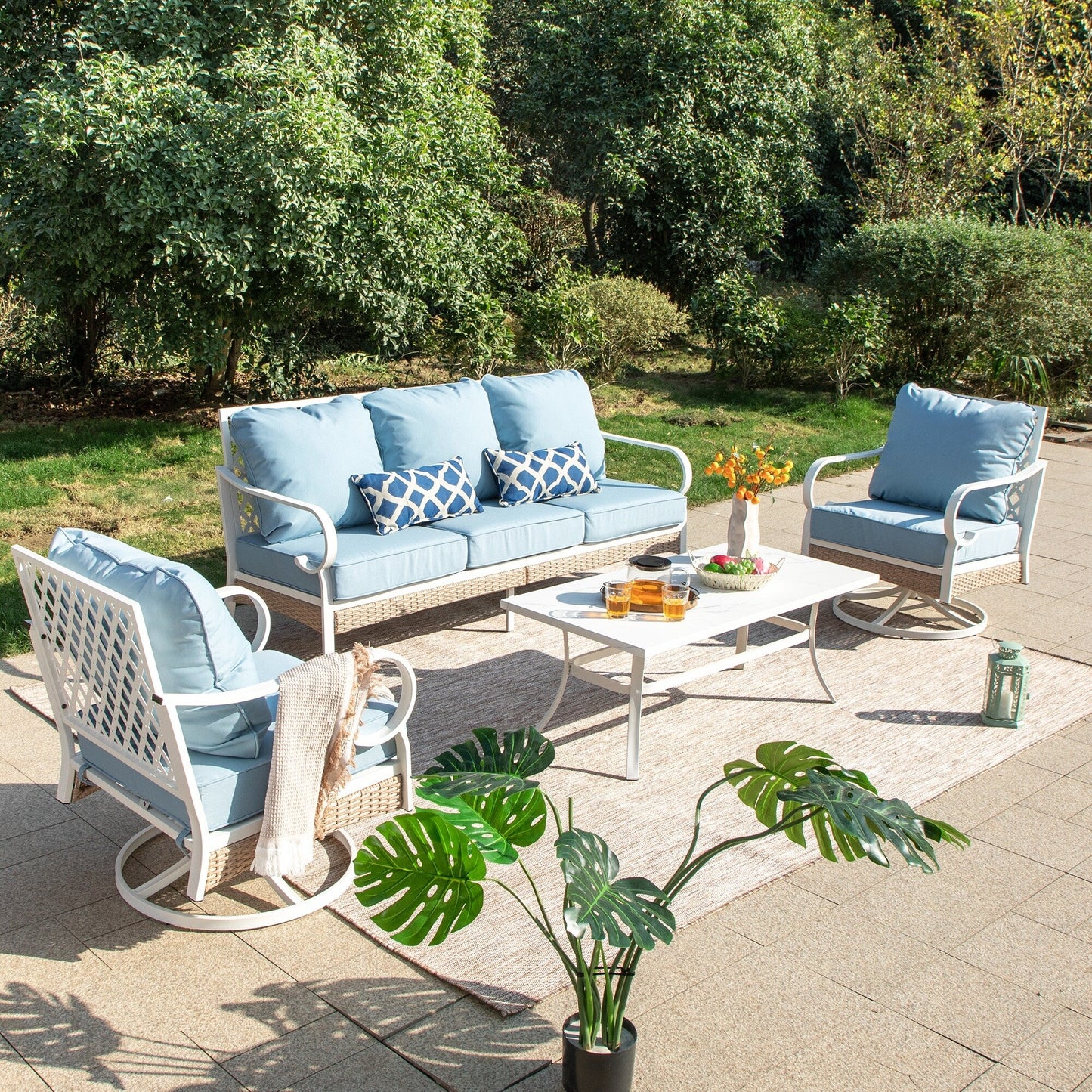 MAISON ARTS Set di mobili da giardino a 5 posti, 2 sedie imbottite in metallo, 1 divano a 3 posti con tavolino da caffè marmorizzato