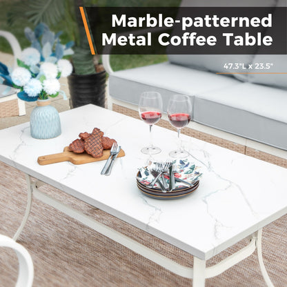 MAISON ARTS Set di mobili da giardino a 5 posti, 2 sedie imbottite in metallo, 1 divano a 3 posti con tavolino da caffè marmorizzato